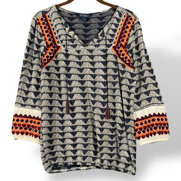 Lucky Brand Top Womens XS Beige/Navy Cotton Linen Embroidered Peasant Pullover - Picture 1 of 8